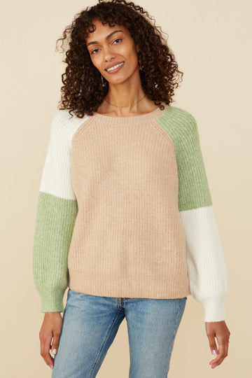 HY8347W Taupe Mix Plus Asymmetric Color Block Pullover Sweater Front